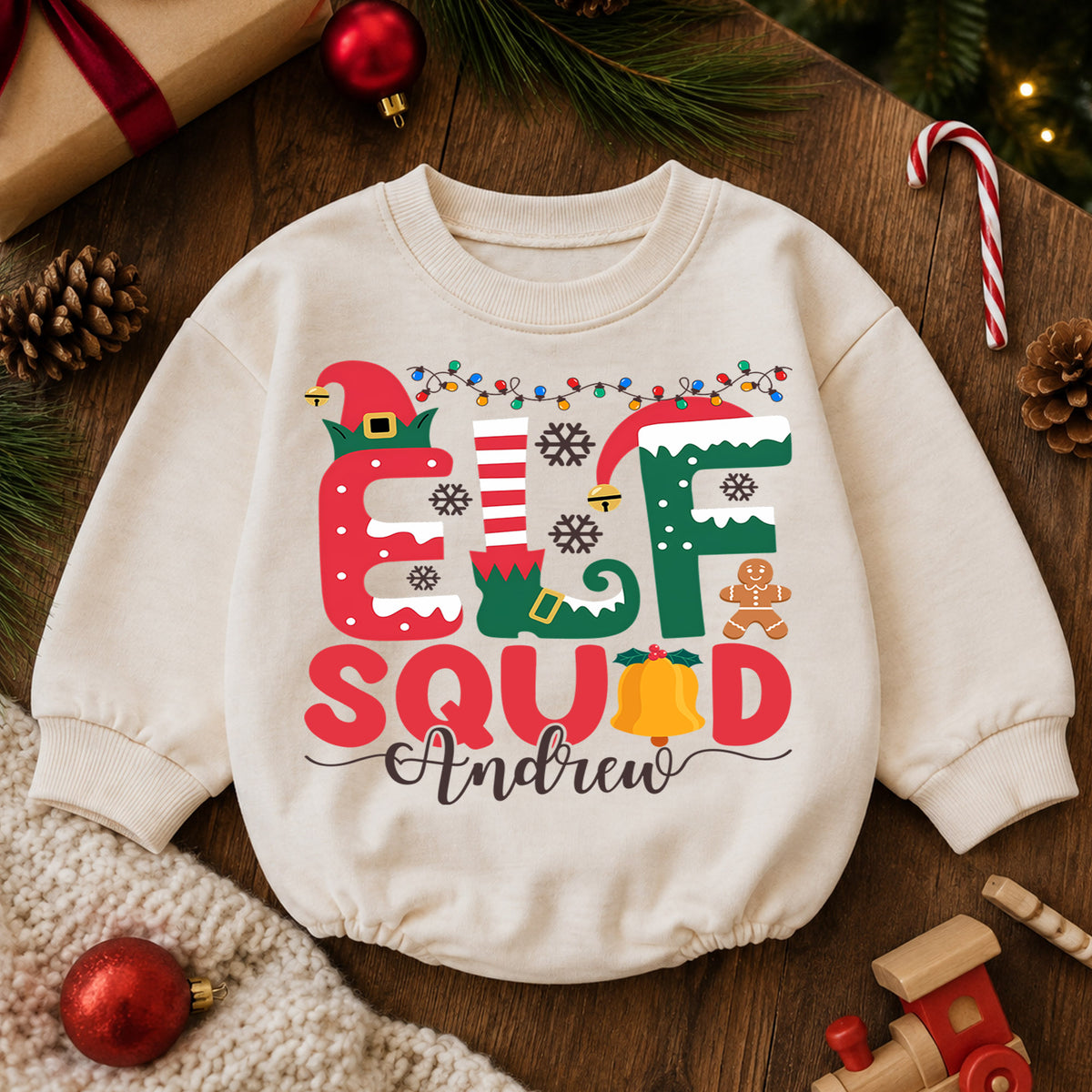 Custom Elf Squad Christmas Romper, Personalized Name Holiday Outfit, 1st Christmas Baby Gift, My First Birthday Keepsake for Baby — product view 6