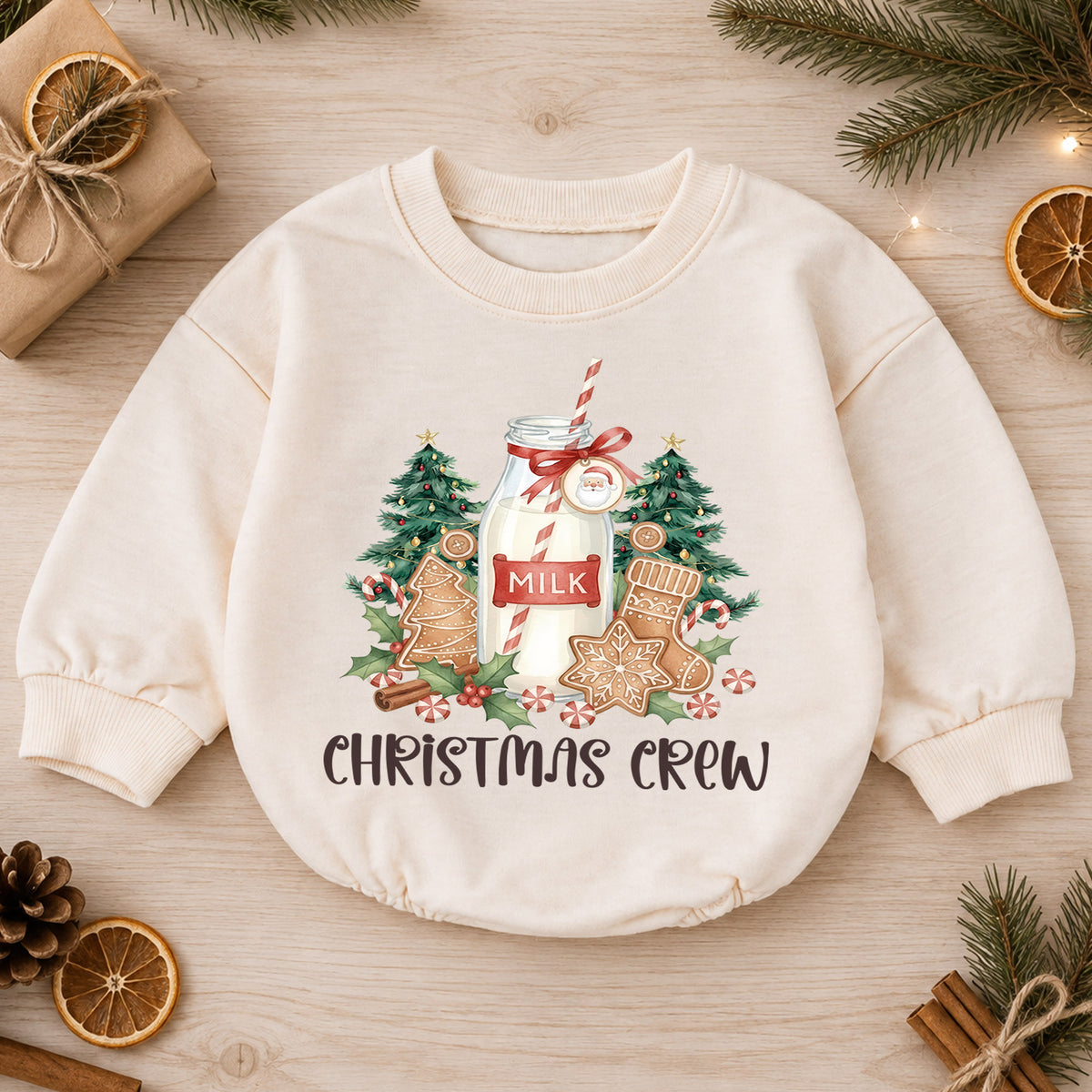 Christmas Crew Baby Romper, Milk Cookies Gingerbread Holiday Outfit, Toddler Xmas Romper, Cute 1st Christmas Gift for Baby — product view 1
