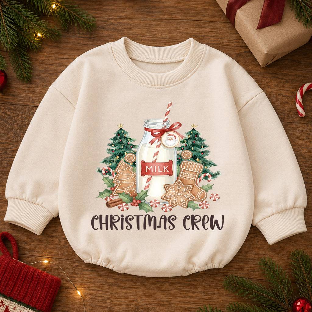 Christmas Crew Baby Romper, Milk Cookies Gingerbread Holiday Outfit, Toddler Xmas Romper, Cute 1st Christmas Gift for Baby — product view 2