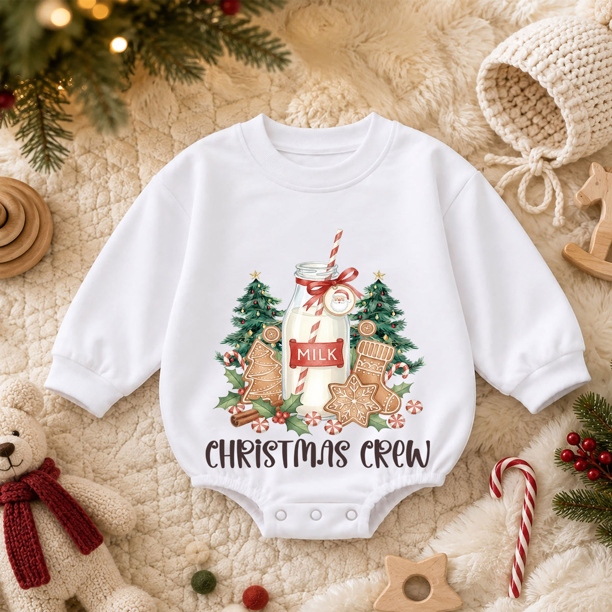 Christmas Crew Baby Romper, Milk Cookies Gingerbread Holiday Outfit, Toddler Xmas Romper, Cute 1st Christmas Gift for Baby — product view 3