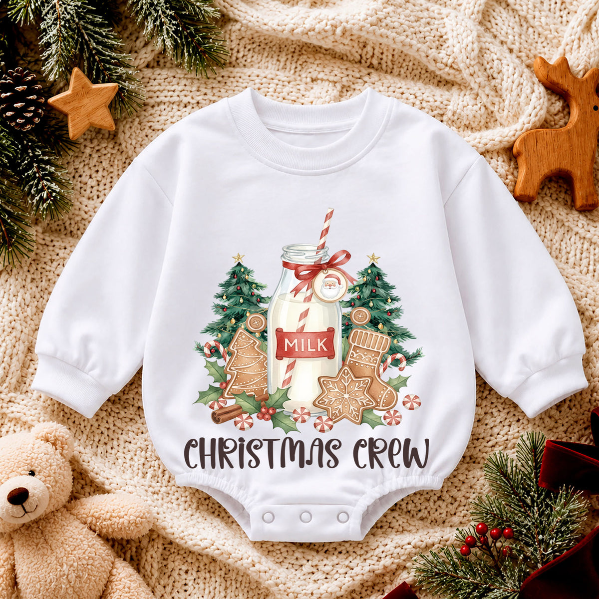 Christmas Crew Baby Romper, Milk Cookies Gingerbread Holiday Outfit, Toddler Xmas Romper, Cute 1st Christmas Gift for Baby — product view 4