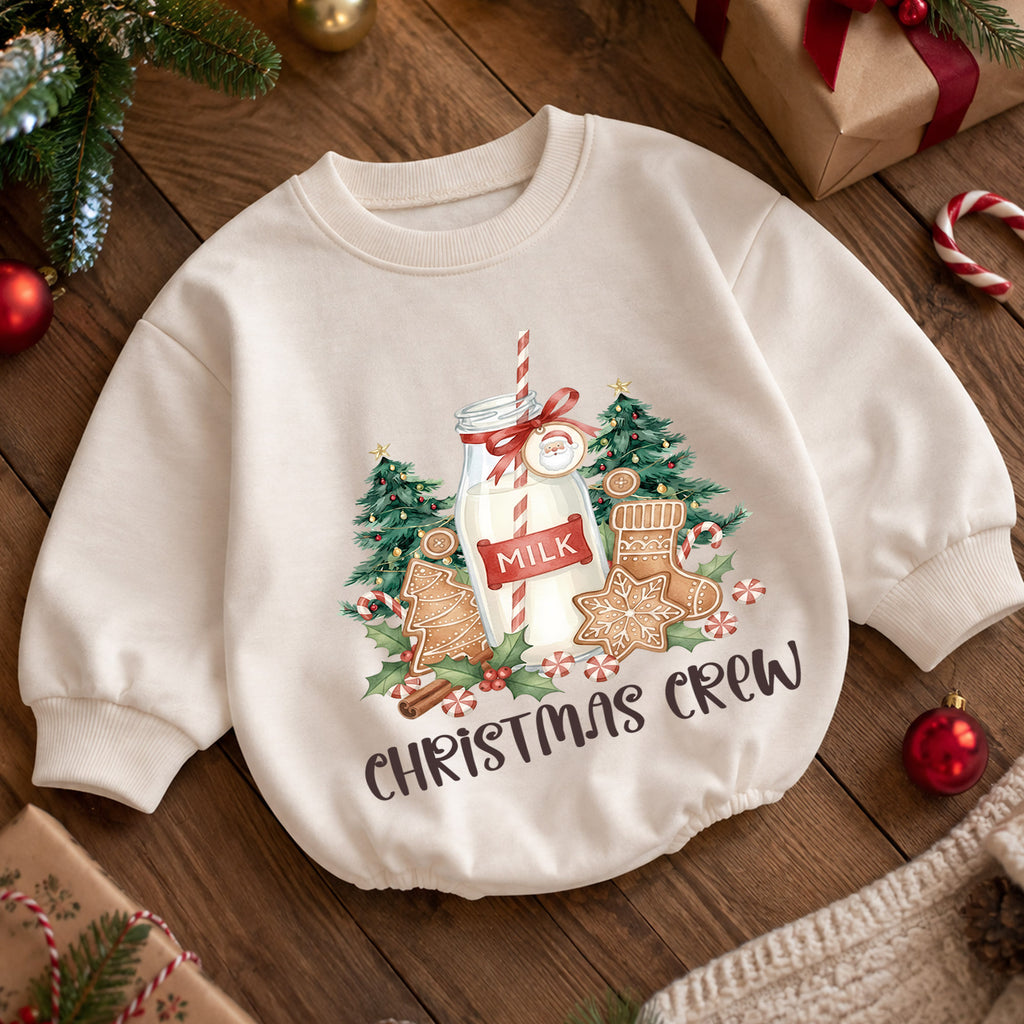 Christmas Crew Baby Romper, Milk Cookies Gingerbread Holiday Outfit, Toddler Xmas Romper, Cute 1st Christmas Gift for Baby — product view 5