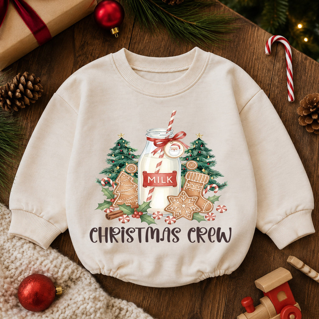 Christmas Crew Baby Romper, Milk Cookies Gingerbread Holiday Outfit, Toddler Xmas Romper, Cute 1st Christmas Gift for Baby — product view 6