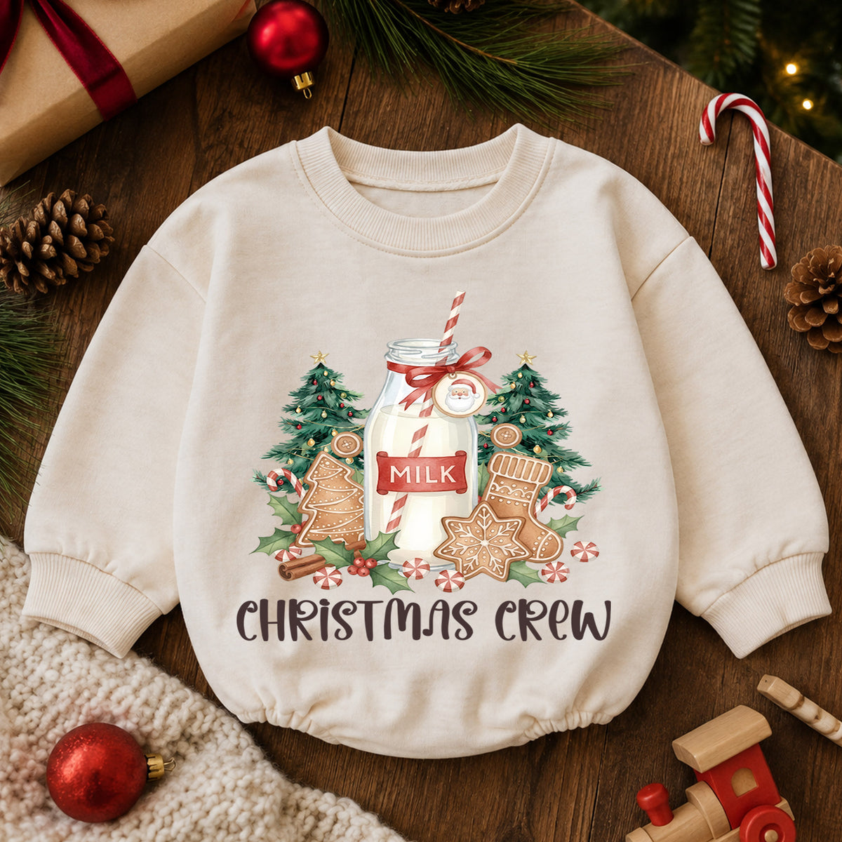 Christmas Crew Baby Romper, Milk Cookies Gingerbread Holiday Outfit, Toddler Xmas Romper, Cute 1st Christmas Gift for Baby — product view 6