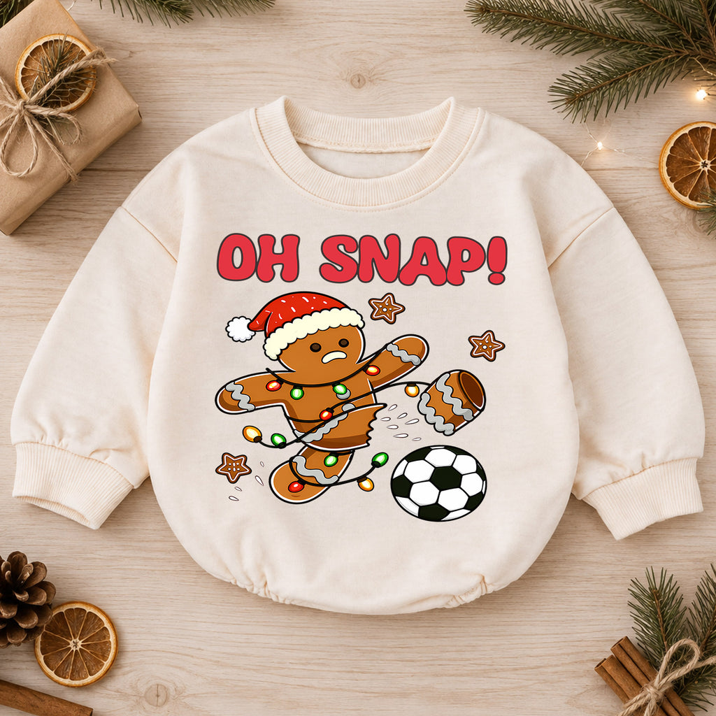 Soccer Christmas Baby Romper, Oh Snap Gingerbread Holiday Outfit, Funny Toddler Romper, Cute Baby Christmas Xmas Gift — product view 1