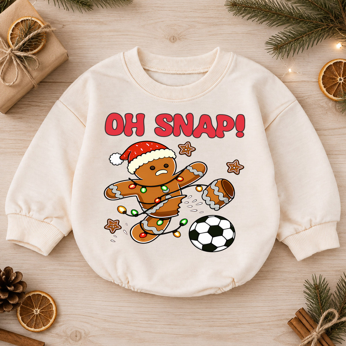 Soccer Christmas Baby Romper, Oh Snap Gingerbread Holiday Outfit, Funny Toddler Romper, Cute Baby Christmas Xmas Gift — product view 1