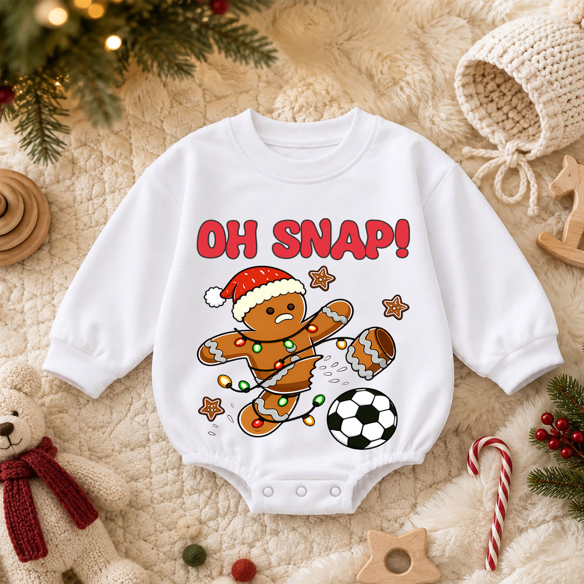 Soccer Christmas Baby Romper, Oh Snap Gingerbread Holiday Outfit, Funny Toddler Romper, Cute Baby Christmas Xmas Gift — product view 3