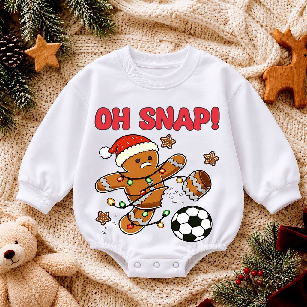 Soccer Christmas Baby Romper, Oh Snap Gingerbread Holiday Outfit, Funny Toddler Romper, Cute Baby Christmas Xmas Gift — product view 4