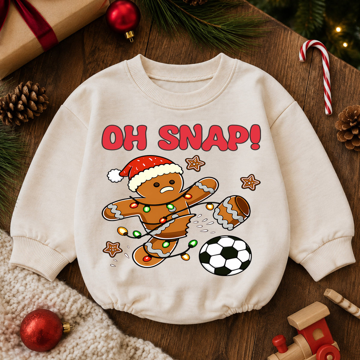 Soccer Christmas Baby Romper, Oh Snap Gingerbread Holiday Outfit, Funny Toddler Romper, Cute Baby Christmas Xmas Gift — product view 6