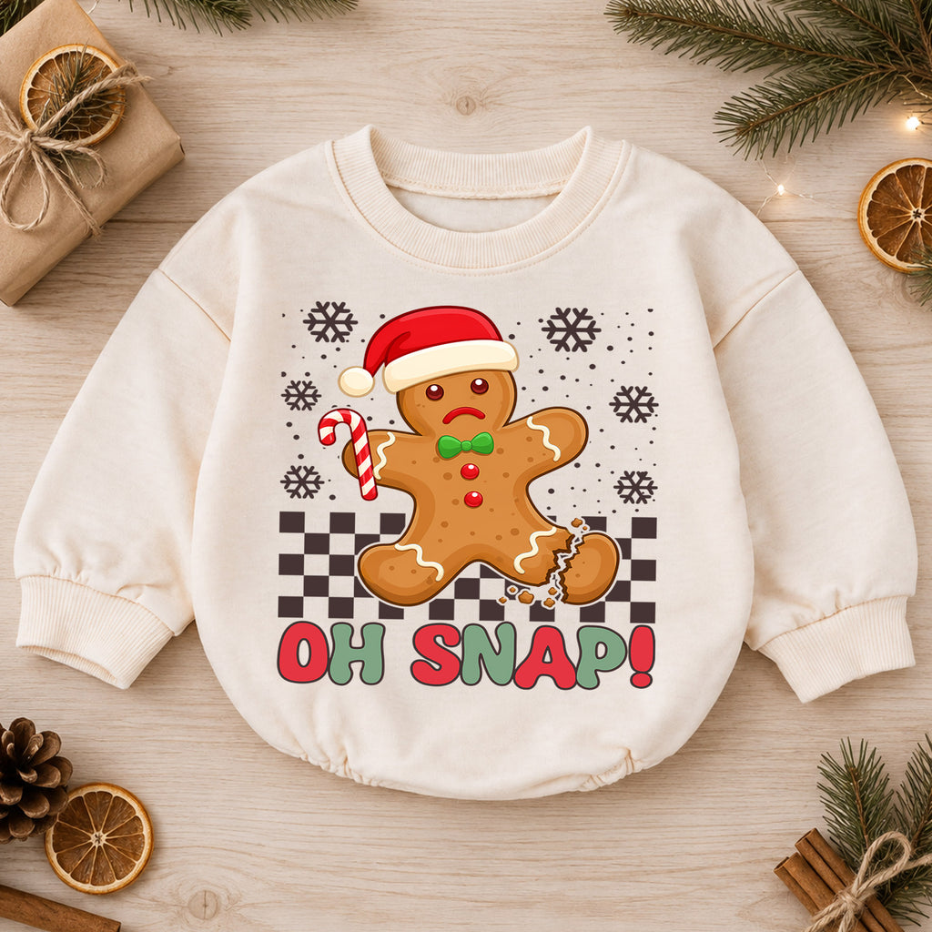 Gingerbread Christmas Baby Romper, Oh Snap Holiday Cookie Outfit, Funny Toddler Romper, Cute Baby Christmas Xmas Gift — product view 1