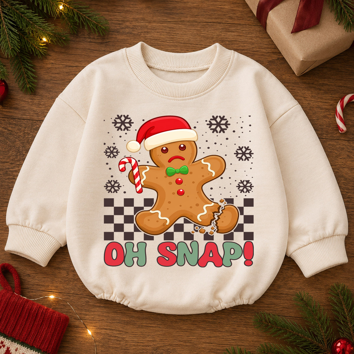 Gingerbread Christmas Baby Romper, Oh Snap Holiday Cookie Outfit, Funny Toddler Romper, Cute Baby Christmas Xmas Gift — product view 2