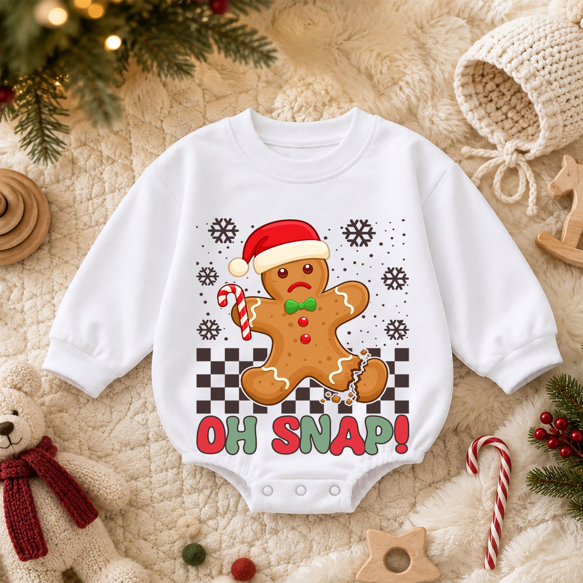 Gingerbread Christmas Baby Romper, Oh Snap Holiday Cookie Outfit, Funny Toddler Romper, Cute Baby Christmas Xmas Gift — product view 3