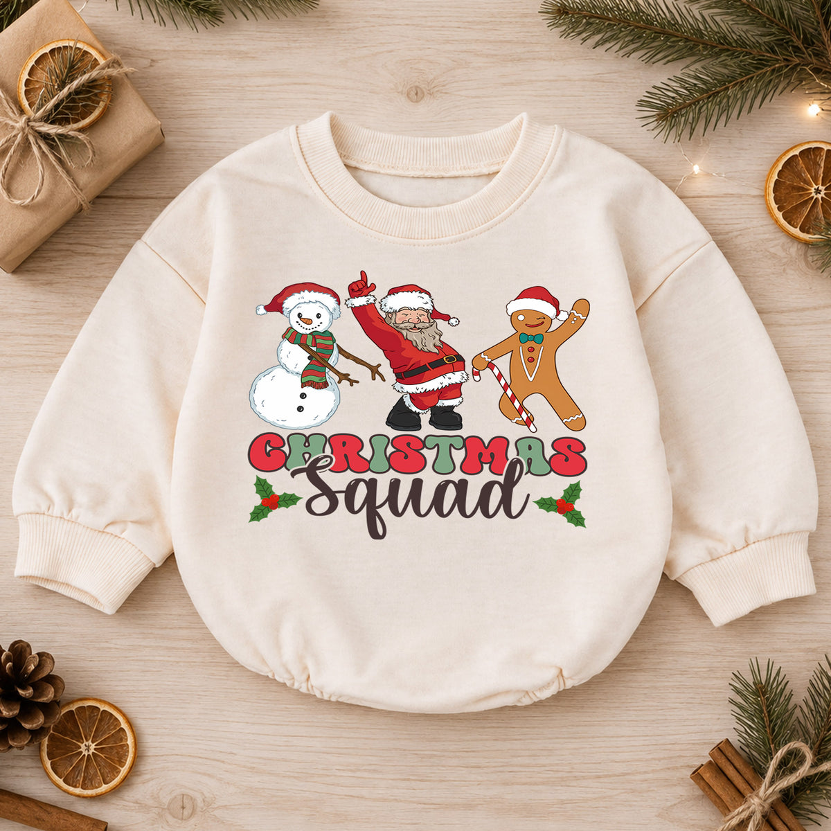Christmas Squad Baby Romper, Santa Snowman Gingerbread Holiday Outfit, Cute Toddler Christmas Romper, Festive Xmas Gift — product view 1