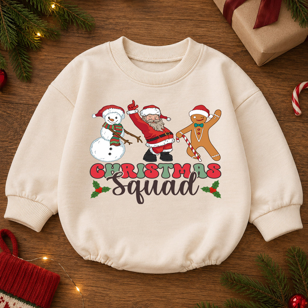 Christmas Squad Baby Romper, Santa Snowman Gingerbread Holiday Outfit, Cute Toddler Christmas Romper, Festive Xmas Gift — product view 2