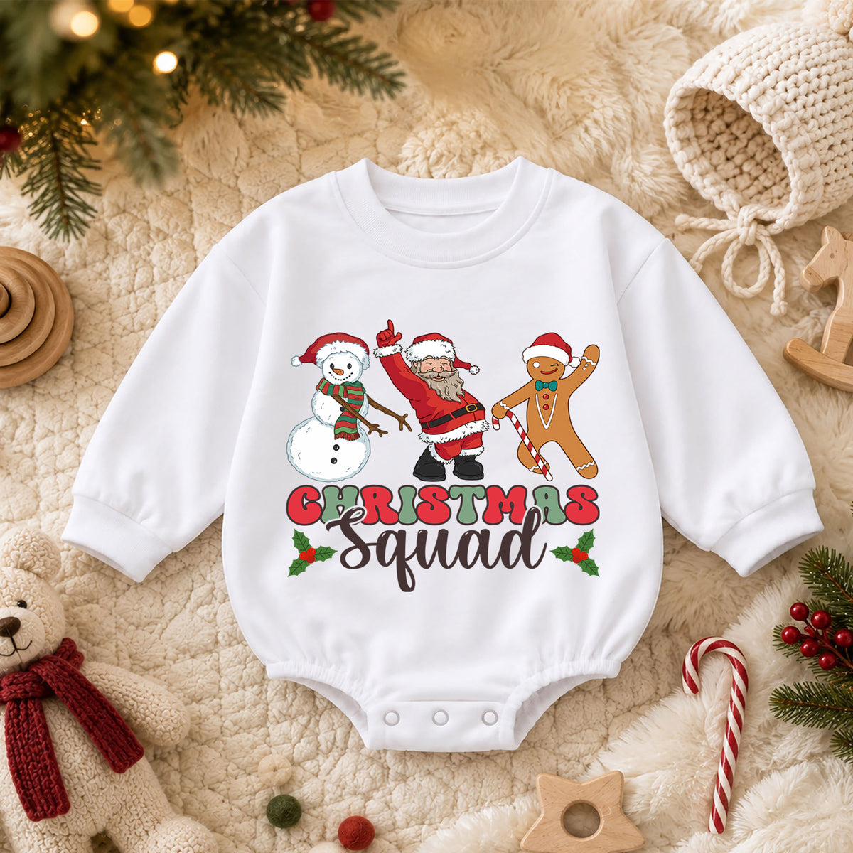 Christmas Squad Baby Romper, Santa Snowman Gingerbread Holiday Outfit, Cute Toddler Christmas Romper, Festive Xmas Gift — product view 3