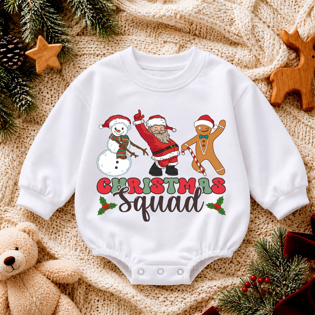 Christmas Squad Baby Romper, Santa Snowman Gingerbread Holiday Outfit, Cute Toddler Christmas Romper, Festive Xmas Gift — product view 4