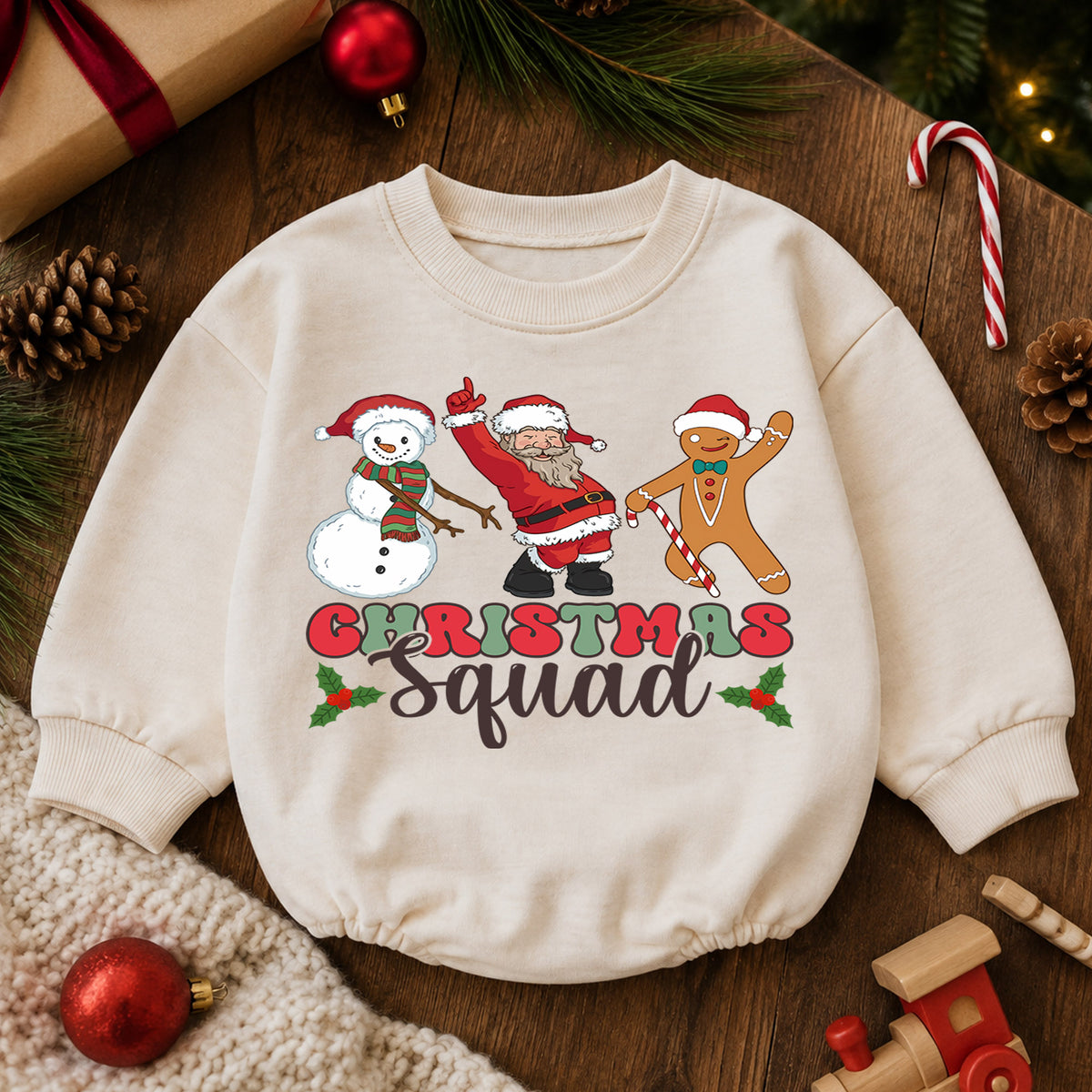 Christmas Squad Baby Romper, Santa Snowman Gingerbread Holiday Outfit, Cute Toddler Christmas Romper, Festive Xmas Gift — product view 6