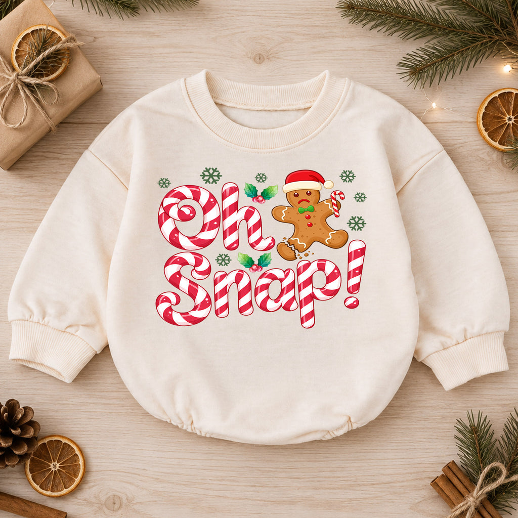 Oh Snap Christmas Romper, Gingerbread Baby Christmas Romper, Candy Cane Toddler Holiday Romper, Cute Baby Christmas Outfit Gift — product view 1