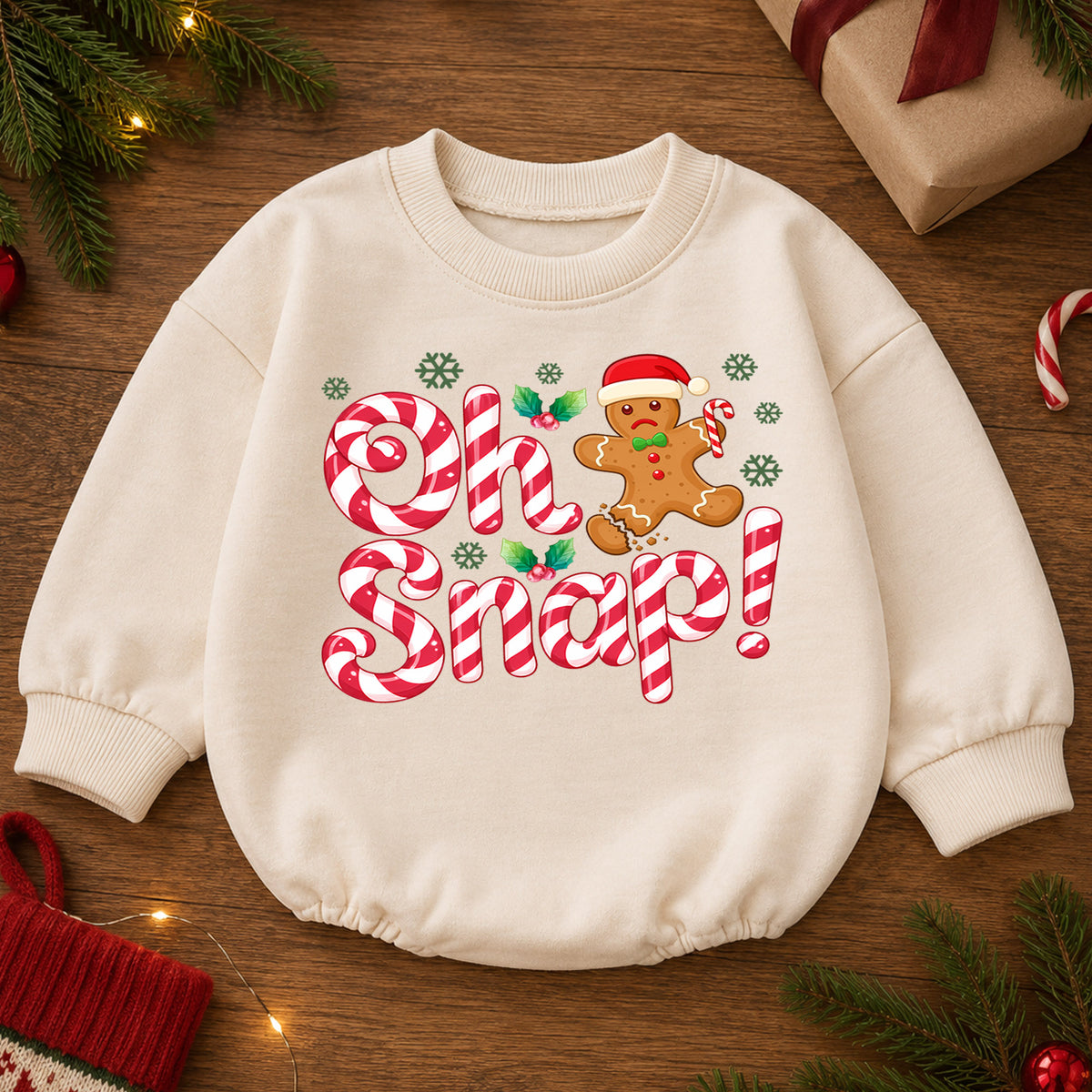 Oh Snap Christmas Romper, Gingerbread Baby Christmas Romper, Candy Cane Toddler Holiday Romper, Cute Baby Christmas Outfit Gift — product view 2
