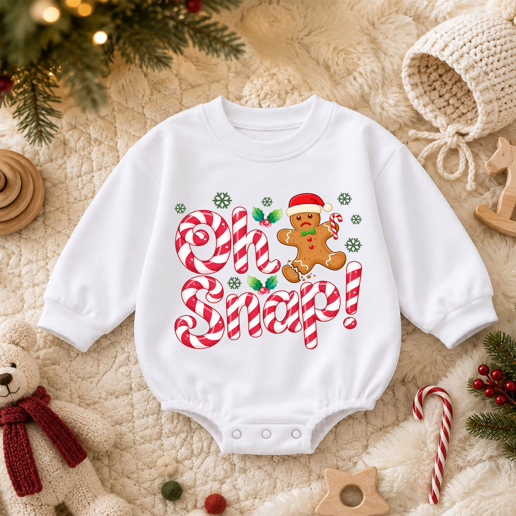 Oh Snap Christmas Romper, Gingerbread Baby Christmas Romper, Candy Cane Toddler Holiday Romper, Cute Baby Christmas Outfit Gift — product view 3