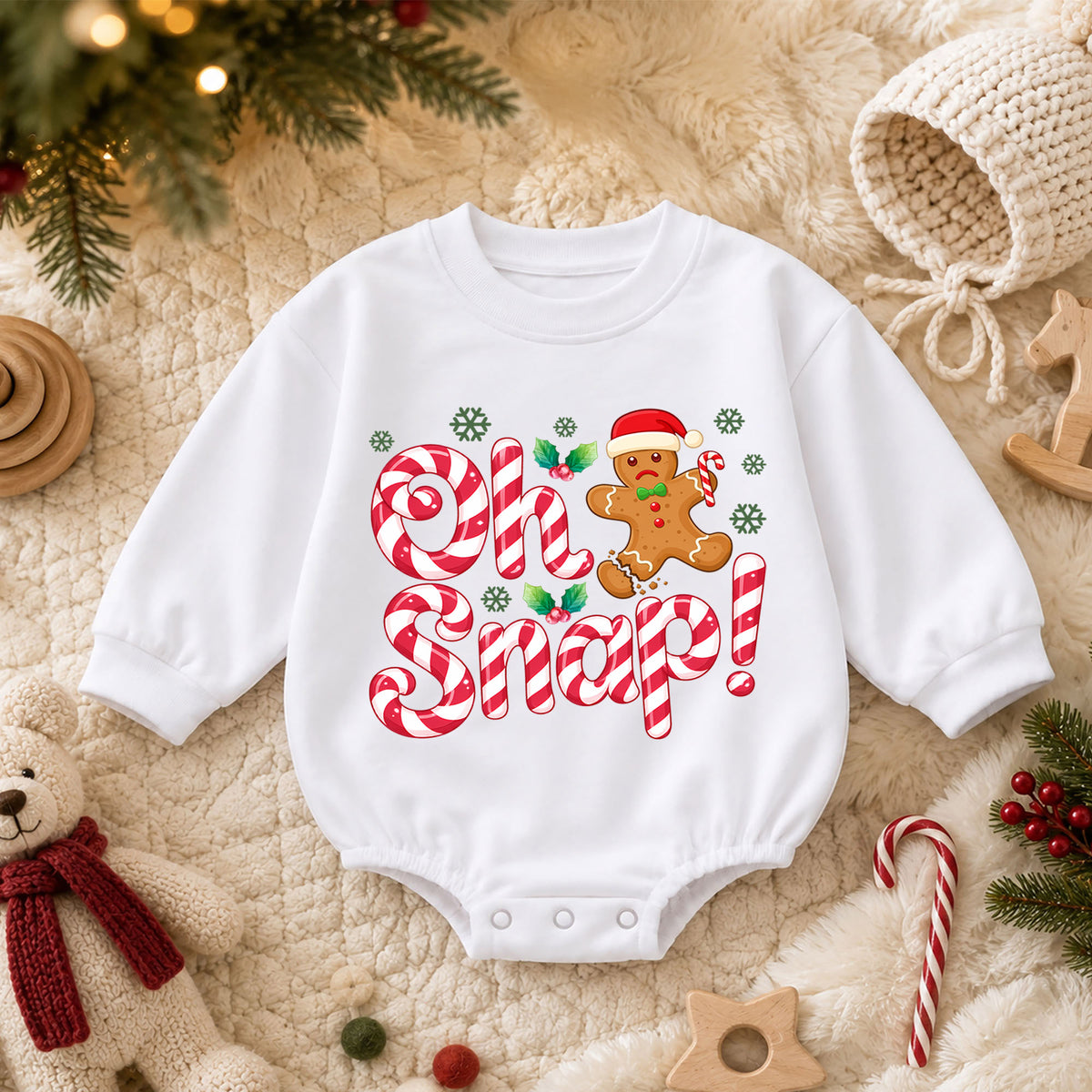 Oh Snap Christmas Romper, Gingerbread Baby Christmas Romper, Candy Cane Toddler Holiday Romper, Cute Baby Christmas Outfit Gift — product view 3