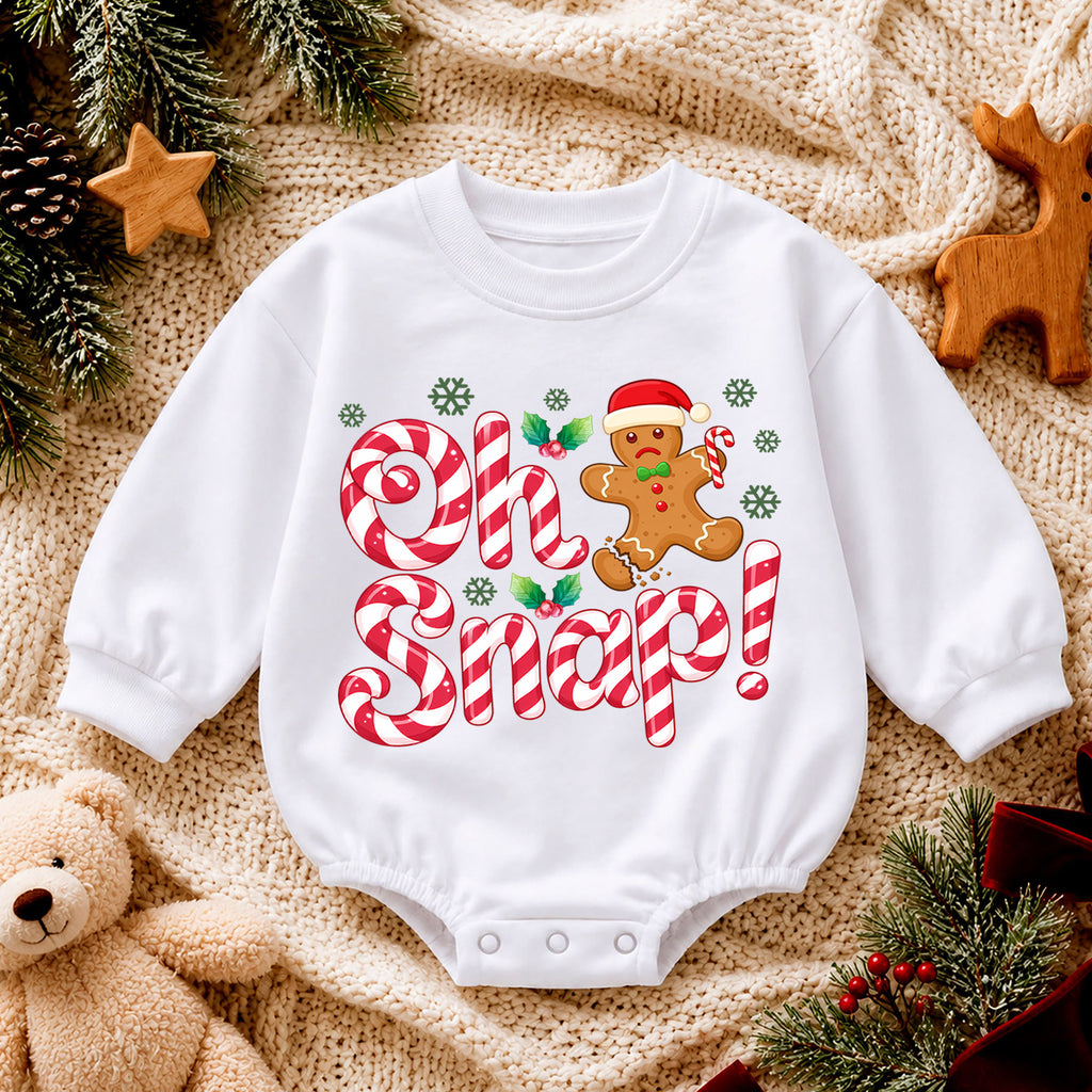 Oh Snap Christmas Romper, Gingerbread Baby Christmas Romper, Candy Cane Toddler Holiday Romper, Cute Baby Christmas Outfit Gift — product view 4
