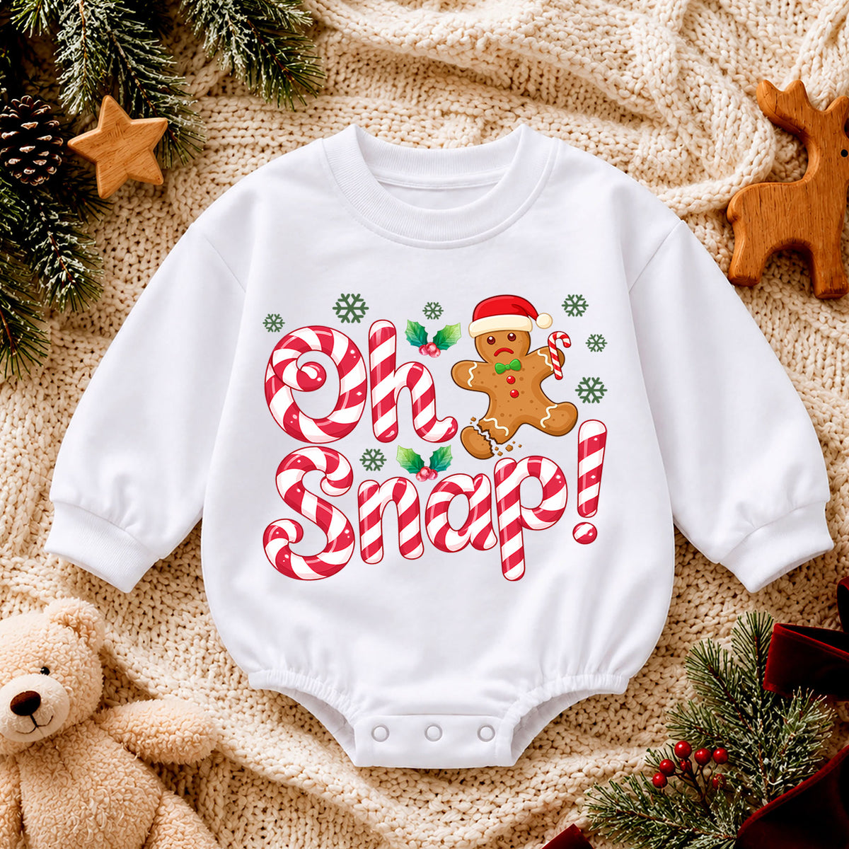 Oh Snap Christmas Romper, Gingerbread Baby Christmas Romper, Candy Cane Toddler Holiday Romper, Cute Baby Christmas Outfit Gift — product view 4
