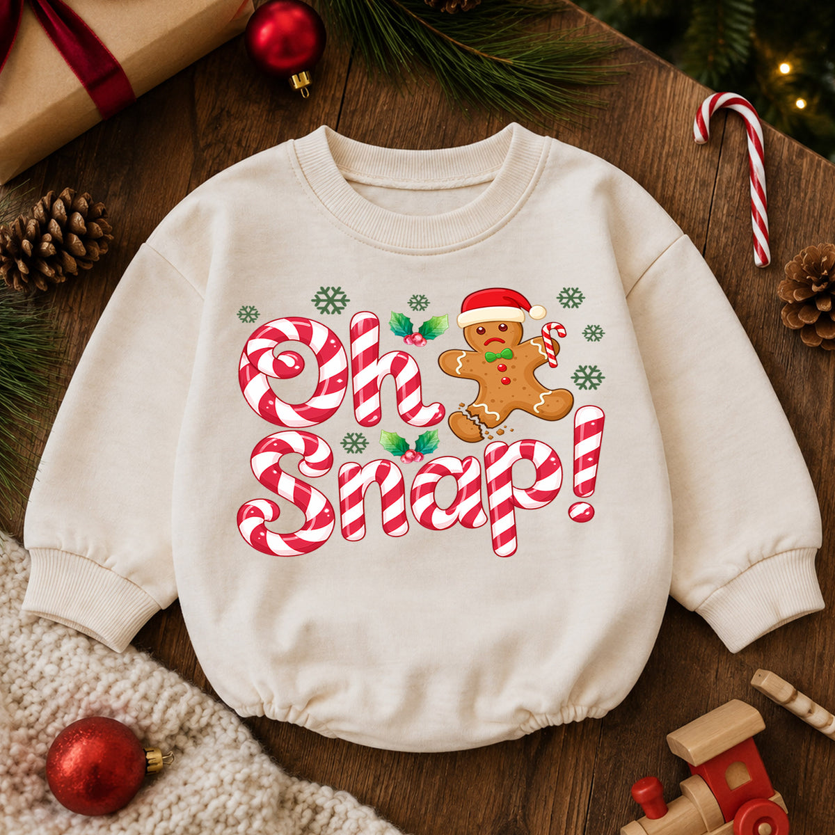 Oh Snap Christmas Romper, Gingerbread Baby Christmas Romper, Candy Cane Toddler Holiday Romper, Cute Baby Christmas Outfit Gift — product view 6