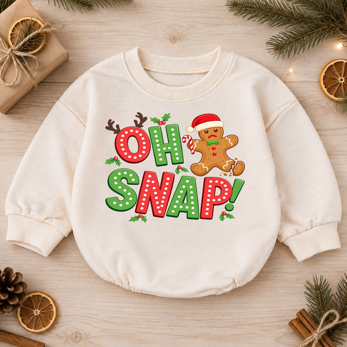 Funny Gingerbread Baby Romper, Oh Snap Christmas Cookie Outfit, Holiday Toddler Romper, Cute Baby Christmas Xmas Gift — product view 1