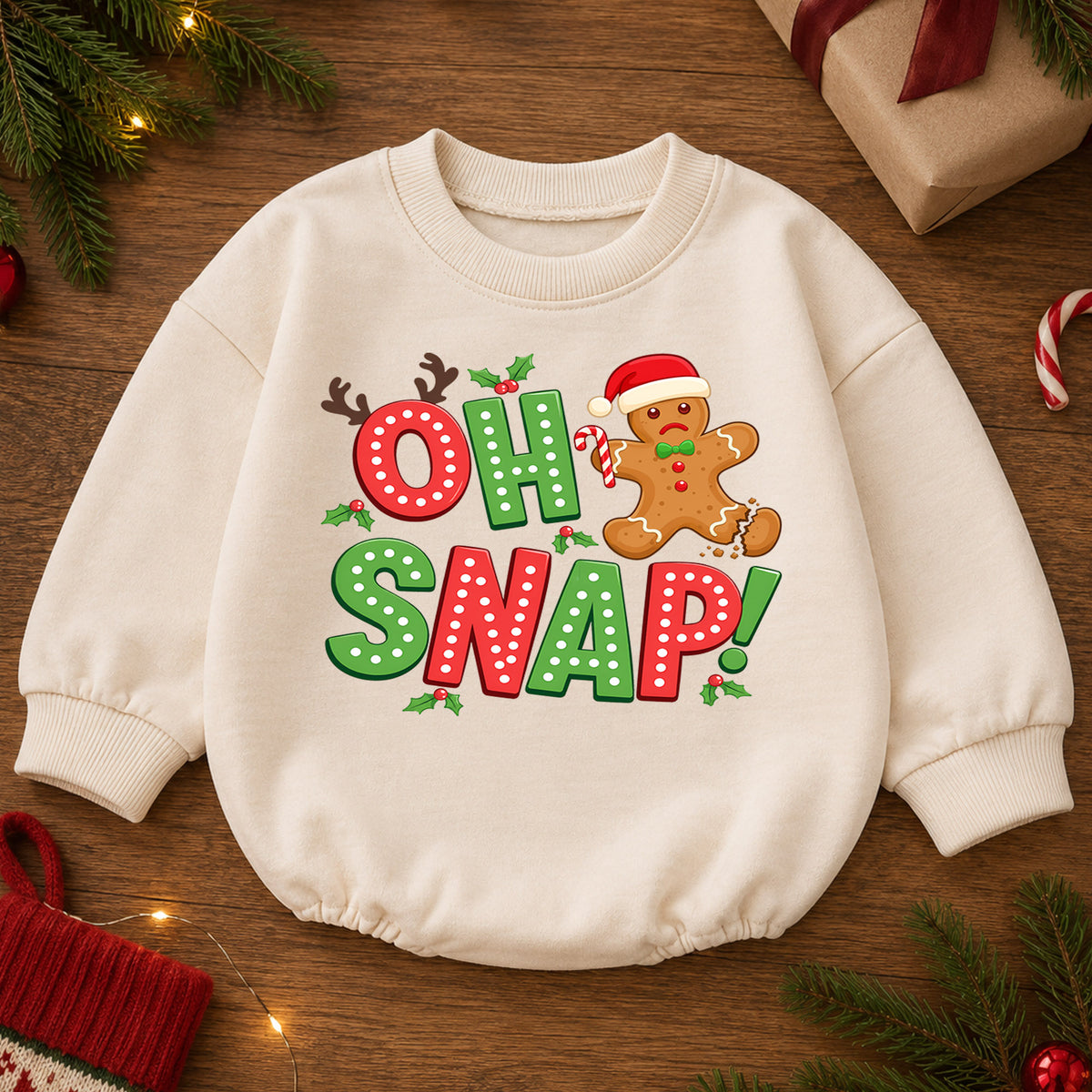 Funny Gingerbread Baby Romper, Oh Snap Christmas Cookie Outfit, Holiday Toddler Romper, Cute Baby Christmas Xmas Gift — product view 2