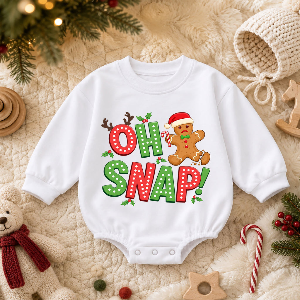 Funny Gingerbread Baby Romper, Oh Snap Christmas Cookie Outfit, Holiday Toddler Romper, Cute Baby Christmas Xmas Gift — product view 3