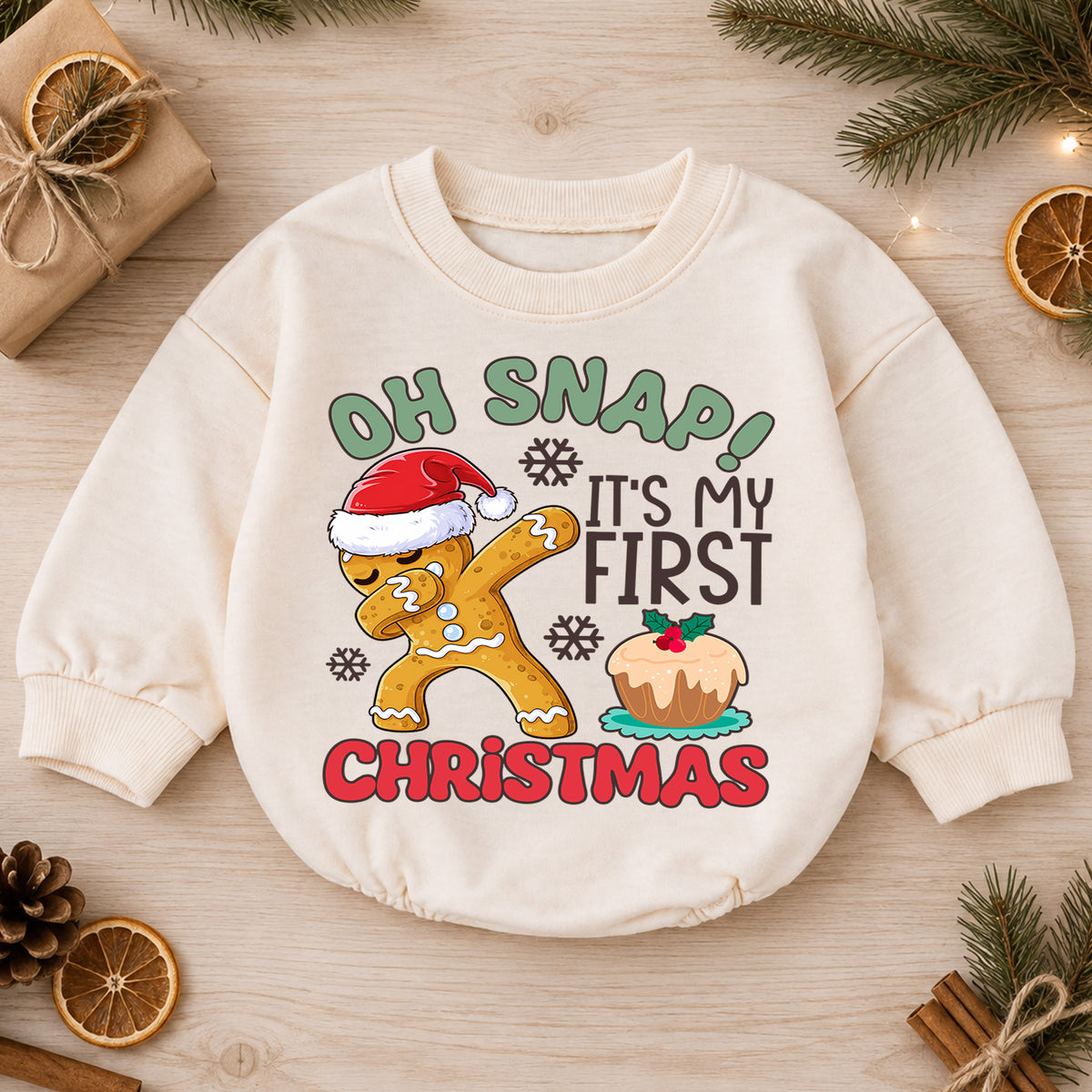 Baby First Christmas Romper, Oh Snap Gingerbread Holiday Outfit, 1st Christmas Romper for Toddler, Cute Baby Xmas Gift — product view 1