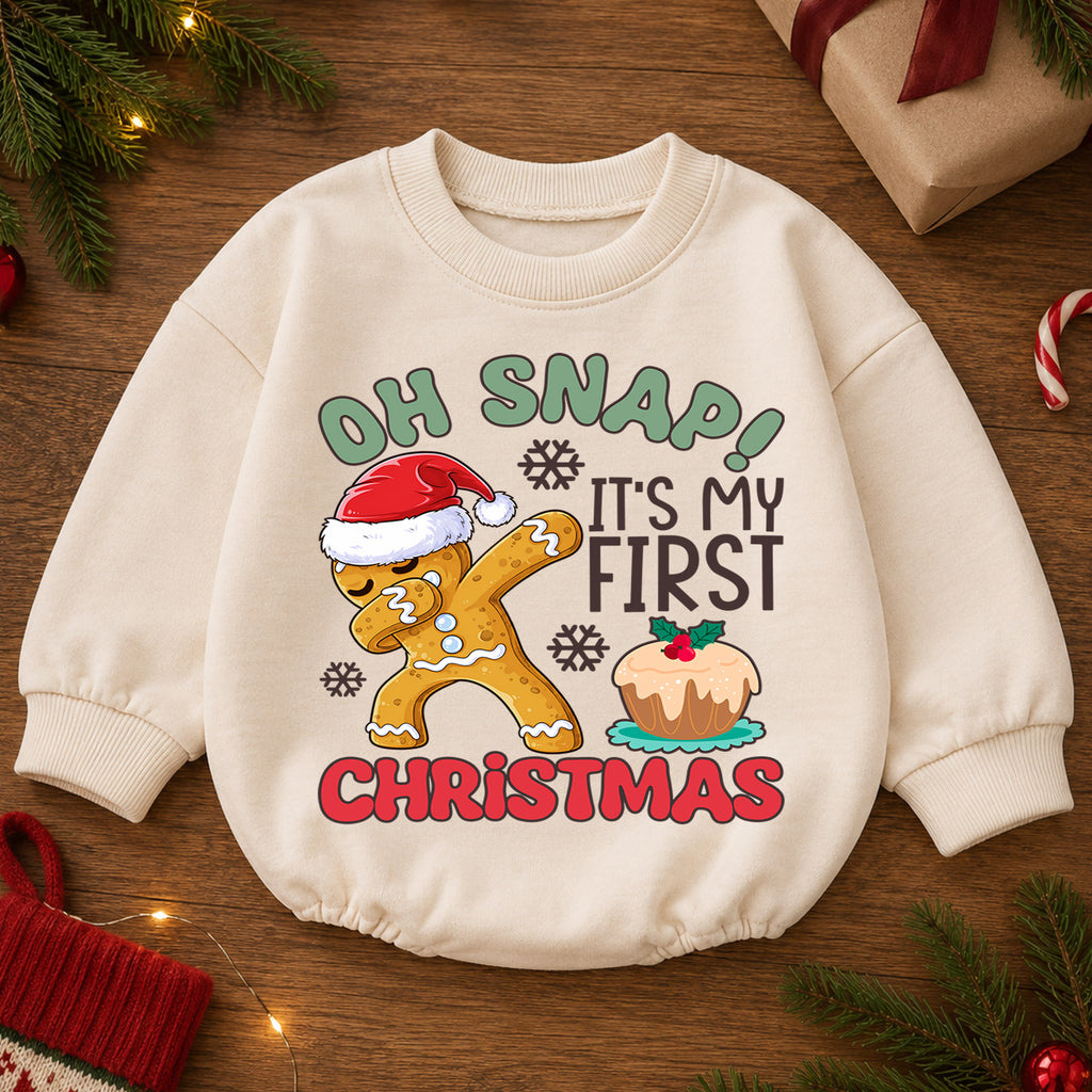 Baby First Christmas Romper, Oh Snap Gingerbread Holiday Outfit, 1st Christmas Romper for Toddler, Cute Baby Xmas Gift — product view 2