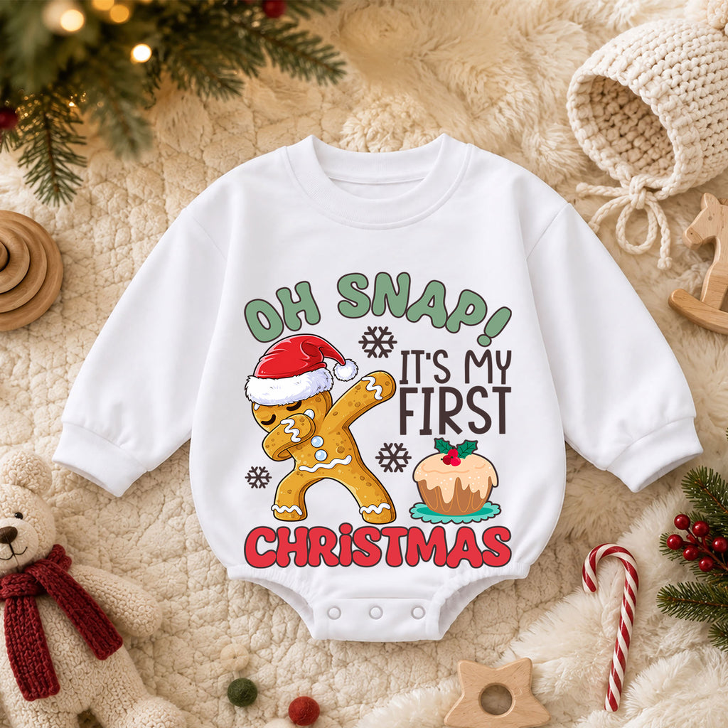 Baby First Christmas Romper, Oh Snap Gingerbread Holiday Outfit, 1st Christmas Romper for Toddler, Cute Baby Xmas Gift — product view 3