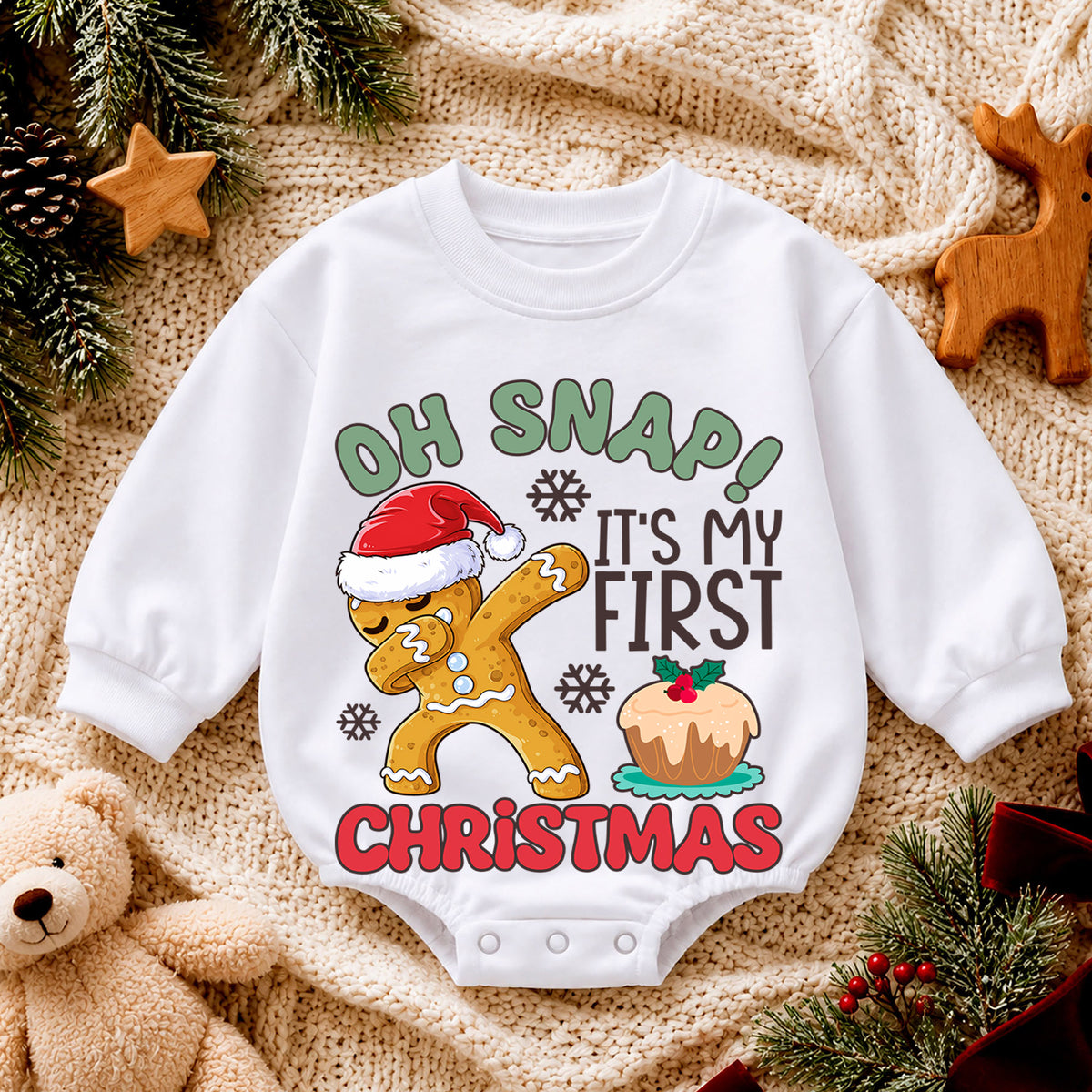 Baby First Christmas Romper, Oh Snap Gingerbread Holiday Outfit, 1st Christmas Romper for Toddler, Cute Baby Xmas Gift — product view 4