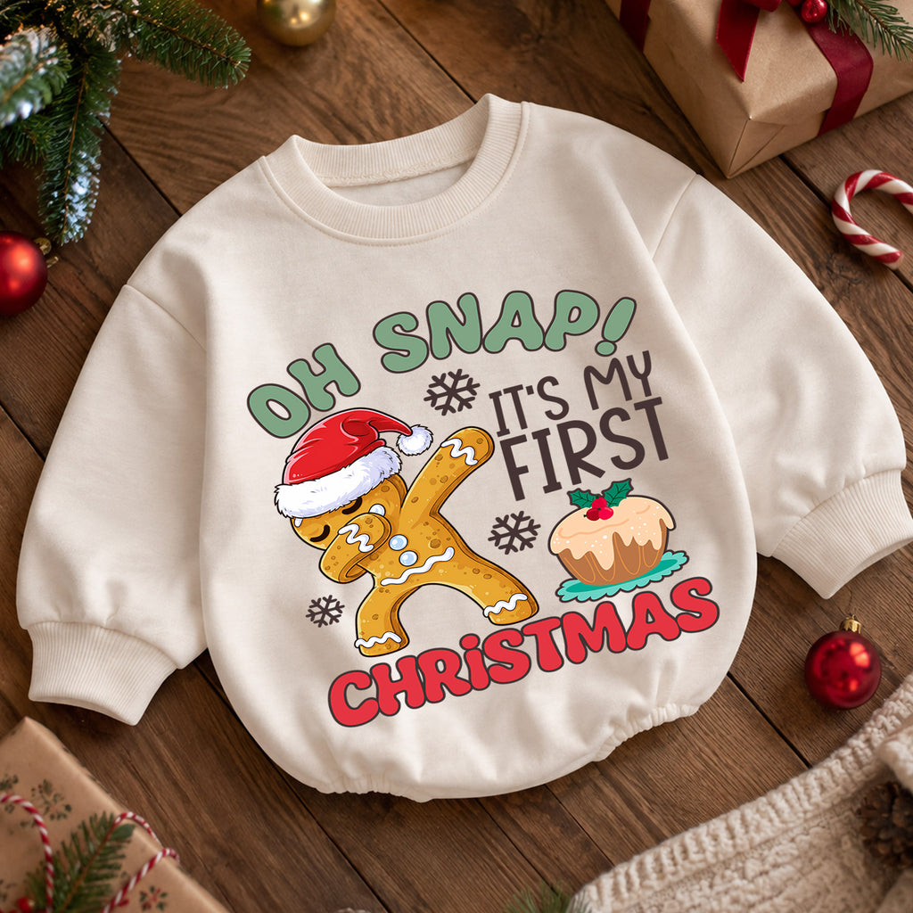 Baby First Christmas Romper, Oh Snap Gingerbread Holiday Outfit, 1st Christmas Romper for Toddler, Cute Baby Xmas Gift — product view 5