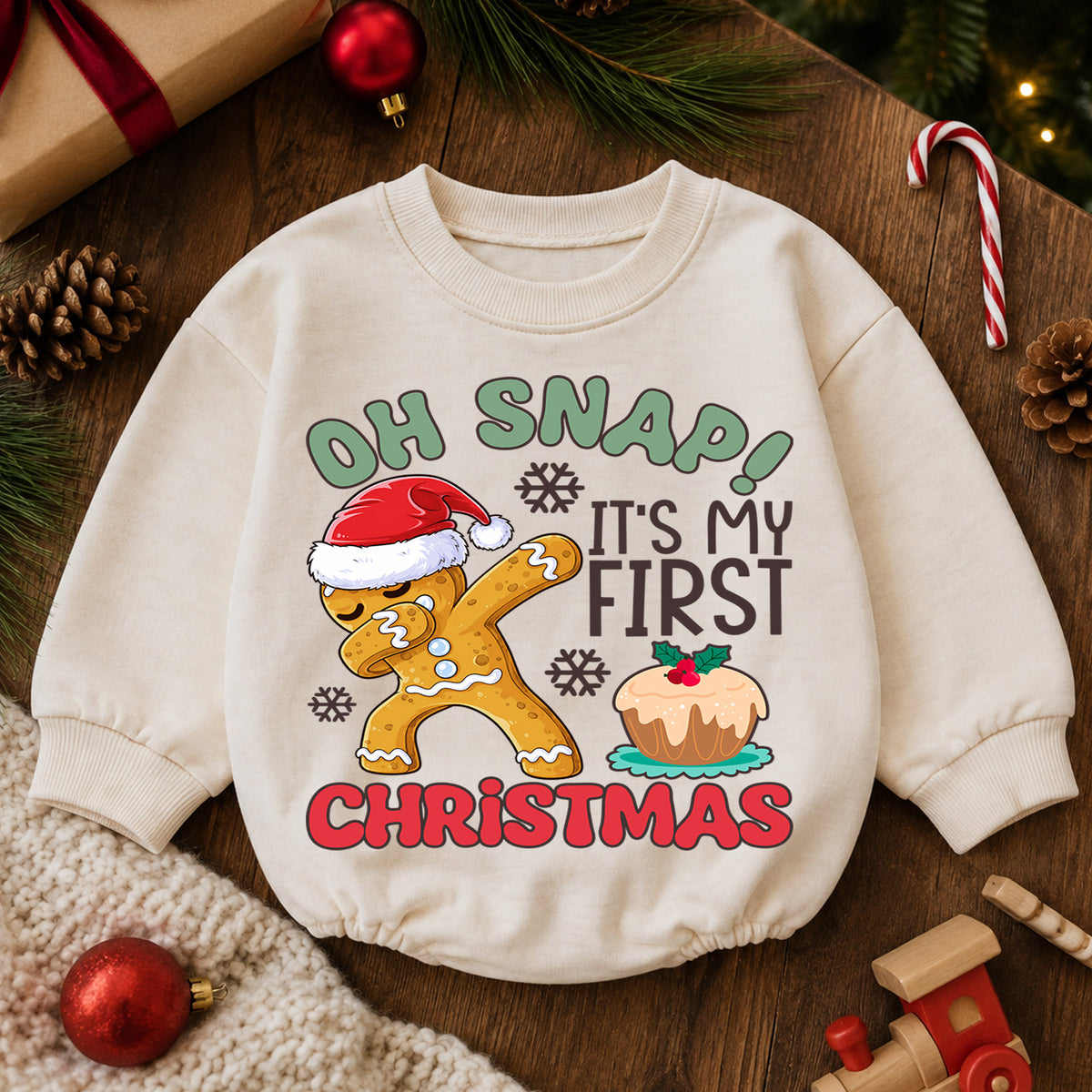 Baby First Christmas Romper, Oh Snap Gingerbread Holiday Outfit, 1st Christmas Romper for Toddler, Cute Baby Xmas Gift — product view 6