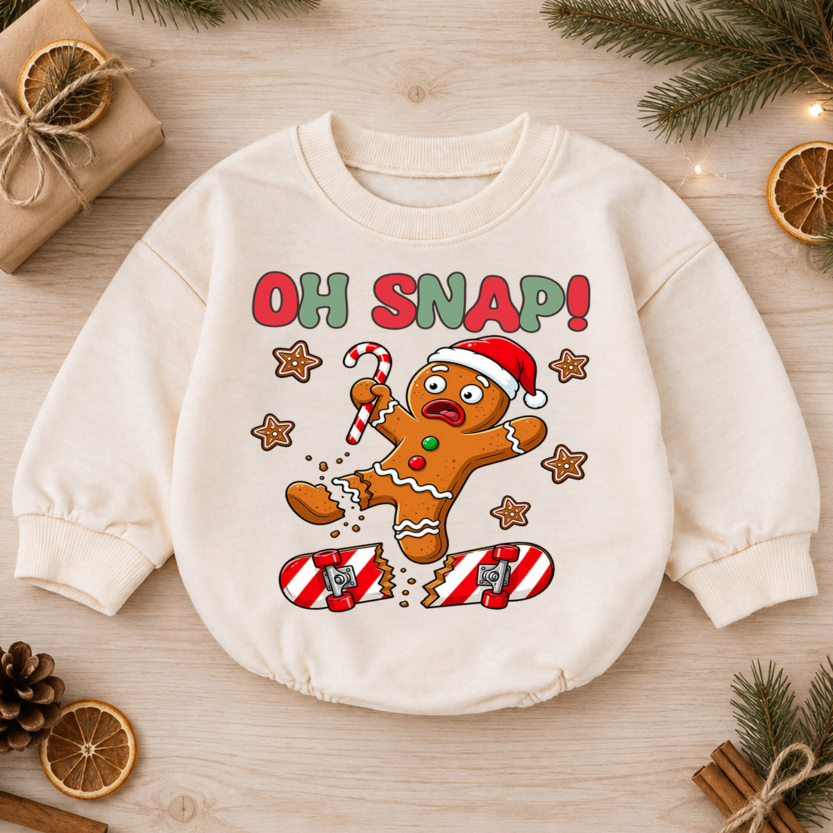 Skateboard Christmas Baby Romper, Oh Snap Gingerbread Holiday Outfit, Funny Toddler Romper, Cute Baby Christmas Gift — product view 1