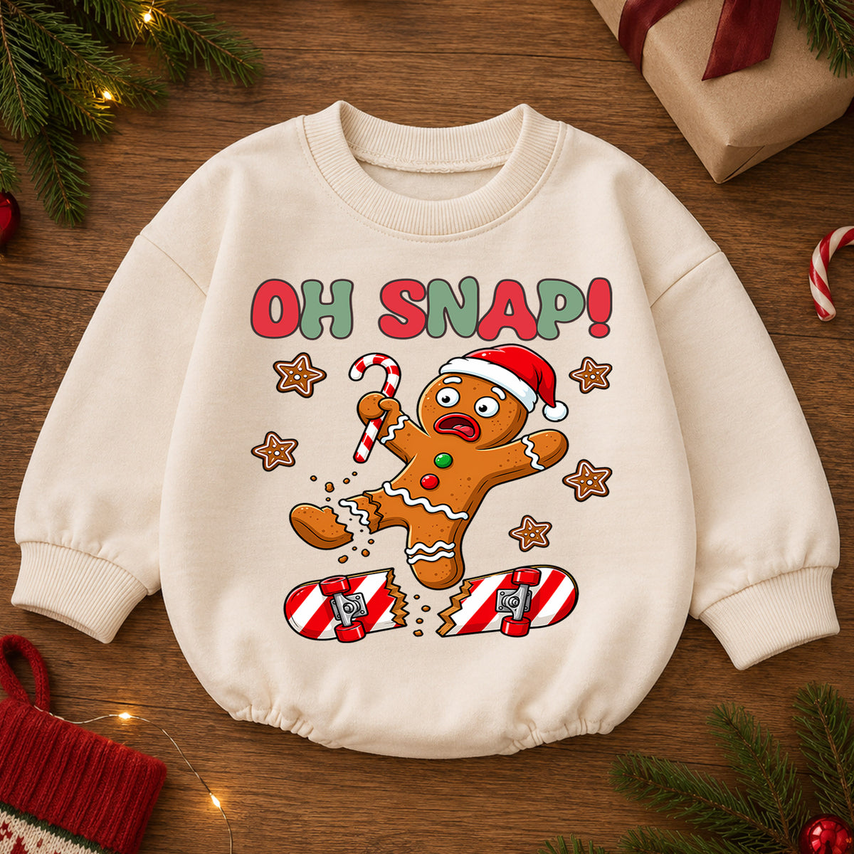 Skateboard Christmas Baby Romper, Oh Snap Gingerbread Holiday Outfit, Funny Toddler Romper, Cute Baby Christmas Gift — product view 2