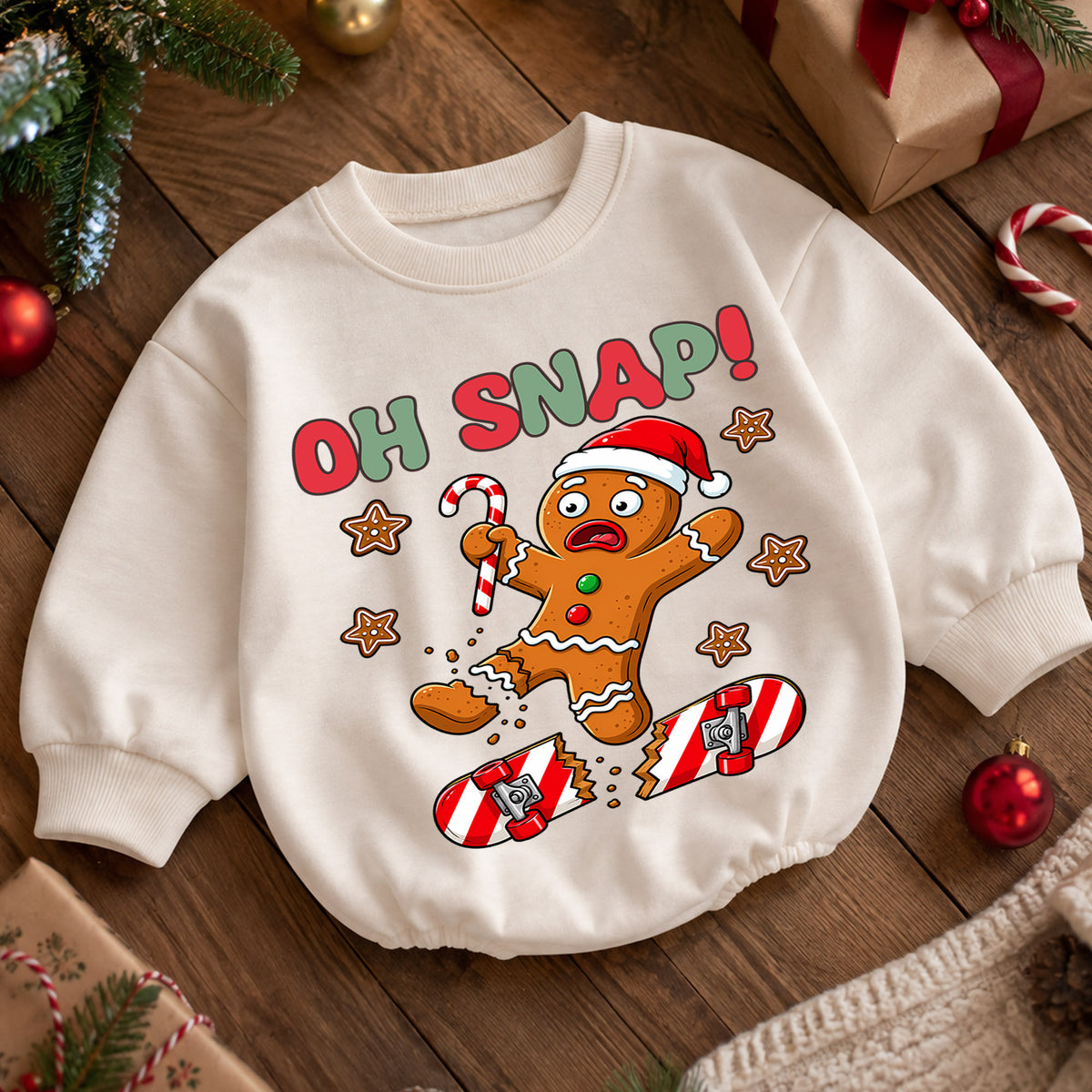 Skateboard Christmas Baby Romper, Oh Snap Gingerbread Holiday Outfit, Funny Toddler Romper, Cute Baby Christmas Gift — product view 5