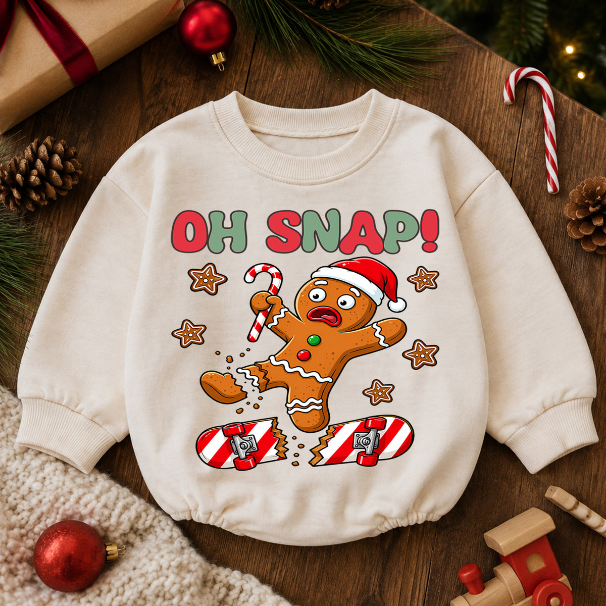 Skateboard Christmas Baby Romper, Oh Snap Gingerbread Holiday Outfit, Funny Toddler Romper, Cute Baby Christmas Gift — product view 6