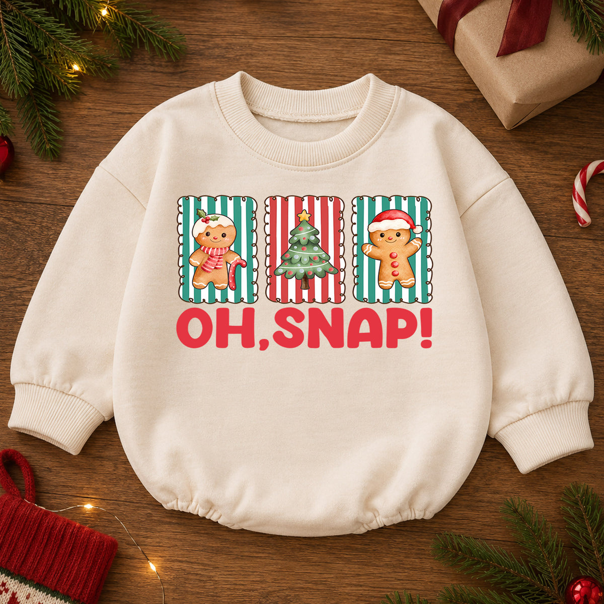 Christmas Gingerbread Baby Romper, Oh Snap Cookie Tree Holiday Outfit, Cute Toddler Romper, Baby 1st Christmas Xmas Gift — product view 2