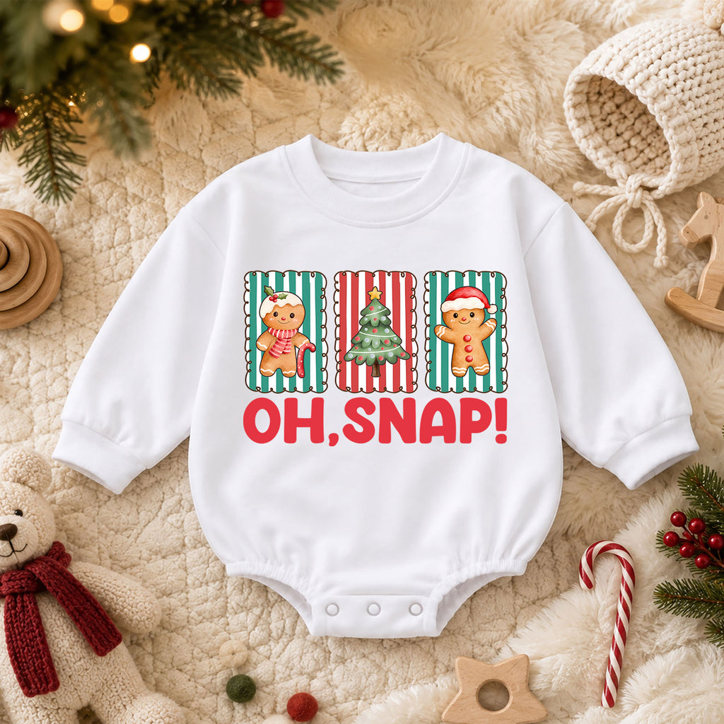 Christmas Gingerbread Baby Romper, Oh Snap Cookie Tree Holiday Outfit, Cute Toddler Romper, Baby 1st Christmas Xmas Gift — product view 3