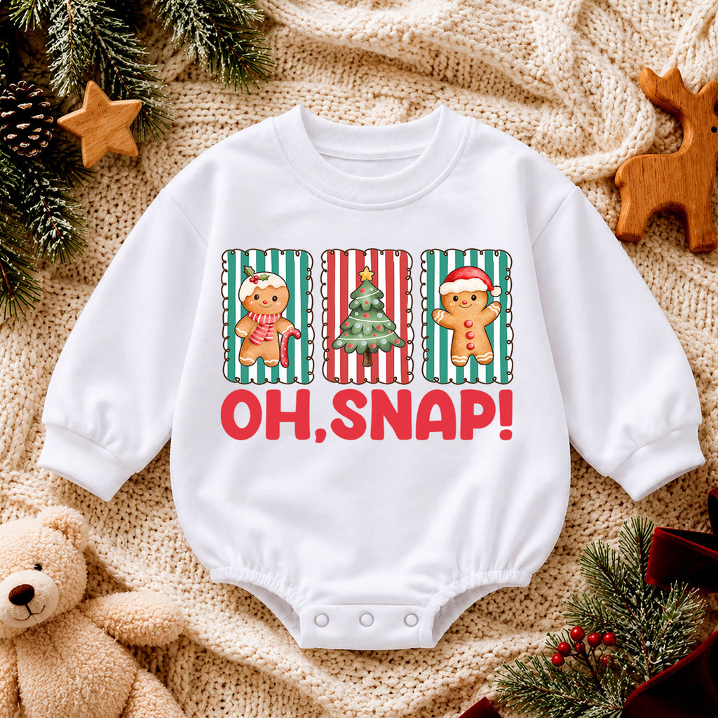 Christmas Gingerbread Baby Romper, Oh Snap Cookie Tree Holiday Outfit, Cute Toddler Romper, Baby 1st Christmas Xmas Gift — product view 4