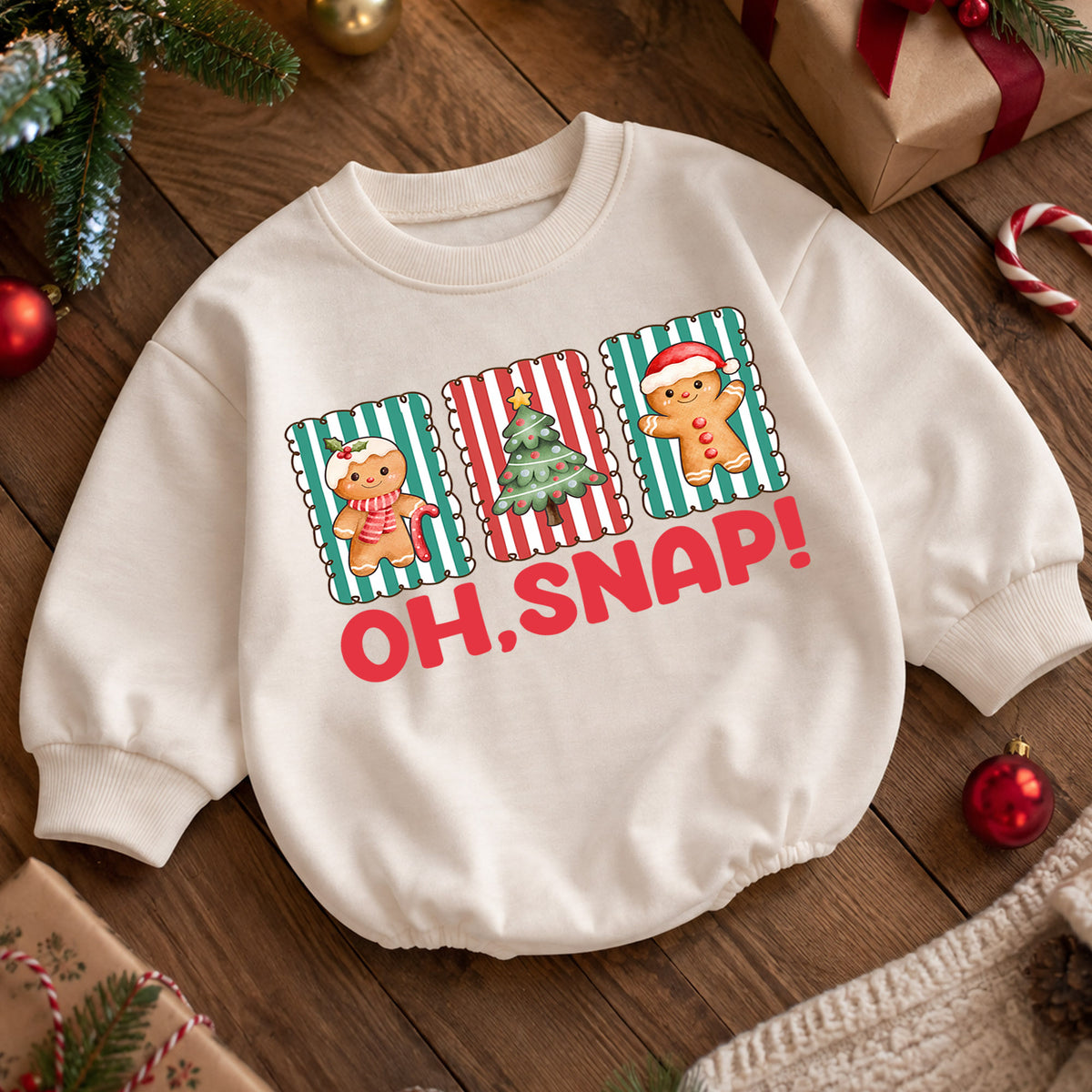 Christmas Gingerbread Baby Romper, Oh Snap Cookie Tree Holiday Outfit, Cute Toddler Romper, Baby 1st Christmas Xmas Gift — product view 5