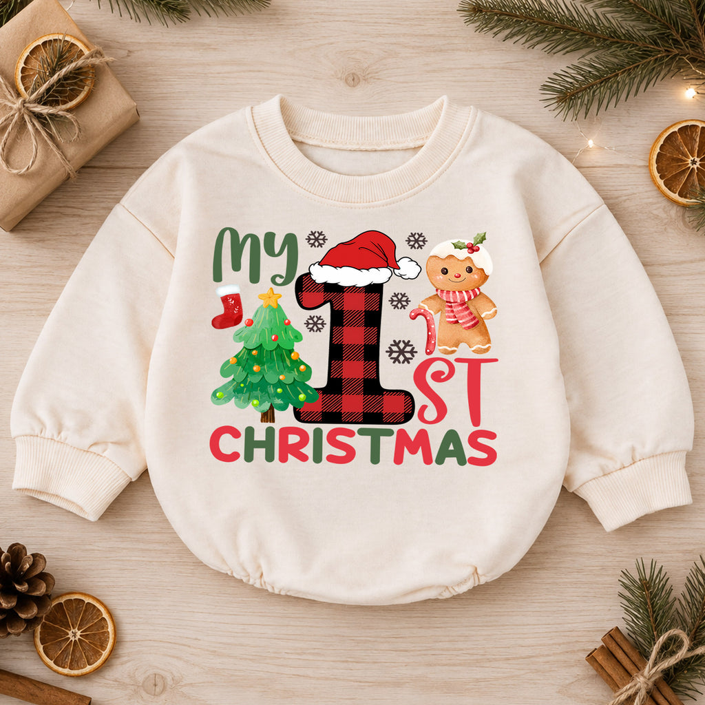 My 1st Christmas Baby Romper, First Christmas Gingerbread Tree Holiday Outfit, 1st Xmas Toddler Romper, Cute Gift — product view 1