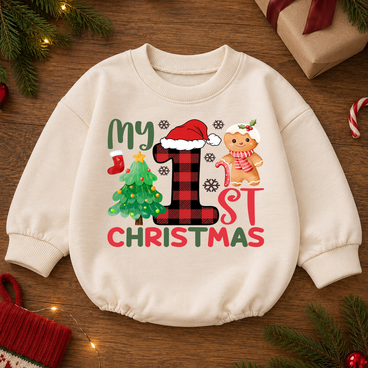 My 1st Christmas Baby Romper, First Christmas Gingerbread Tree Holiday Outfit, 1st Xmas Toddler Romper, Cute Gift — product view 2