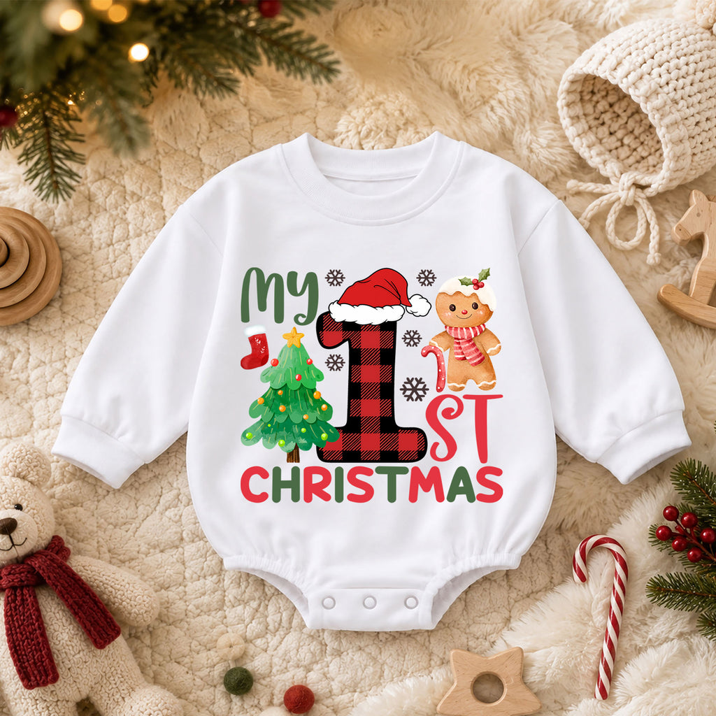 My 1st Christmas Baby Romper, First Christmas Gingerbread Tree Holiday Outfit, 1st Xmas Toddler Romper, Cute Gift — product view 3