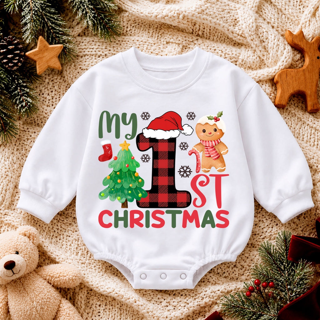 My 1st Christmas Baby Romper, First Christmas Gingerbread Tree Holiday Outfit, 1st Xmas Toddler Romper, Cute Gift — product view 4