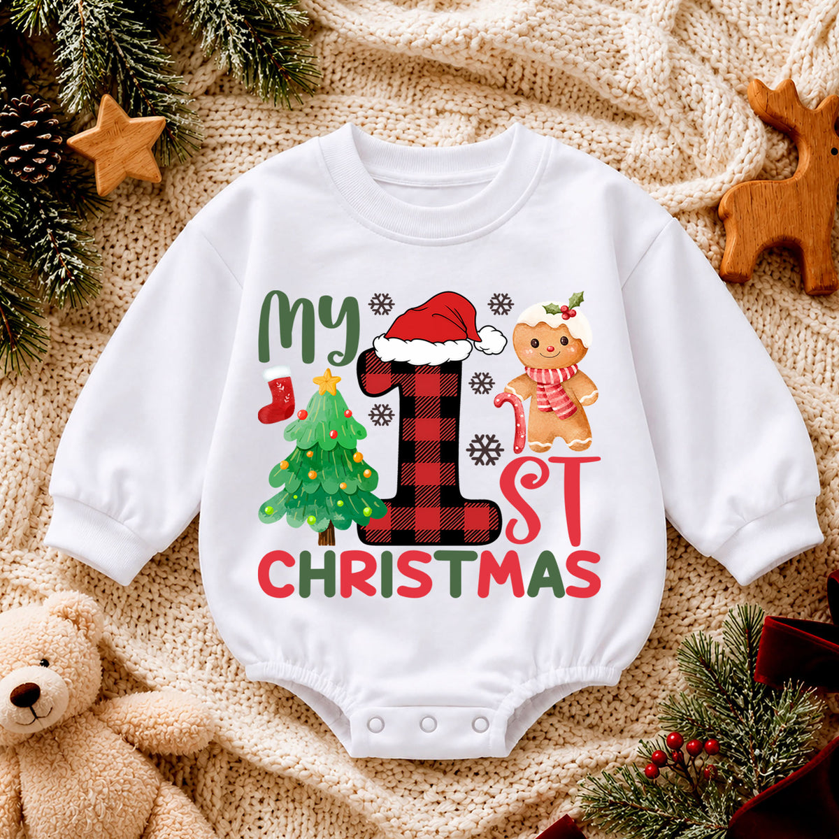 My 1st Christmas Baby Romper, First Christmas Gingerbread Tree Holiday Outfit, 1st Xmas Toddler Romper, Cute Gift — product view 4
